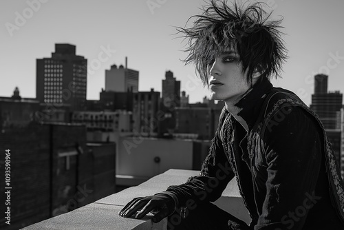 Male model with edgy wolf haircut poses on urban rooftop. Monochrome outfit. City skyline backdrop. Fashion editorial portrait. Stylish man. Trendy style. Fashionable clothing. Street style. photo