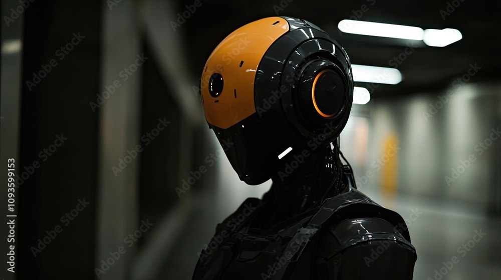 Futuristic robot in dark corridor, close-up. Futuristic robot in dark corridor, close-up.
