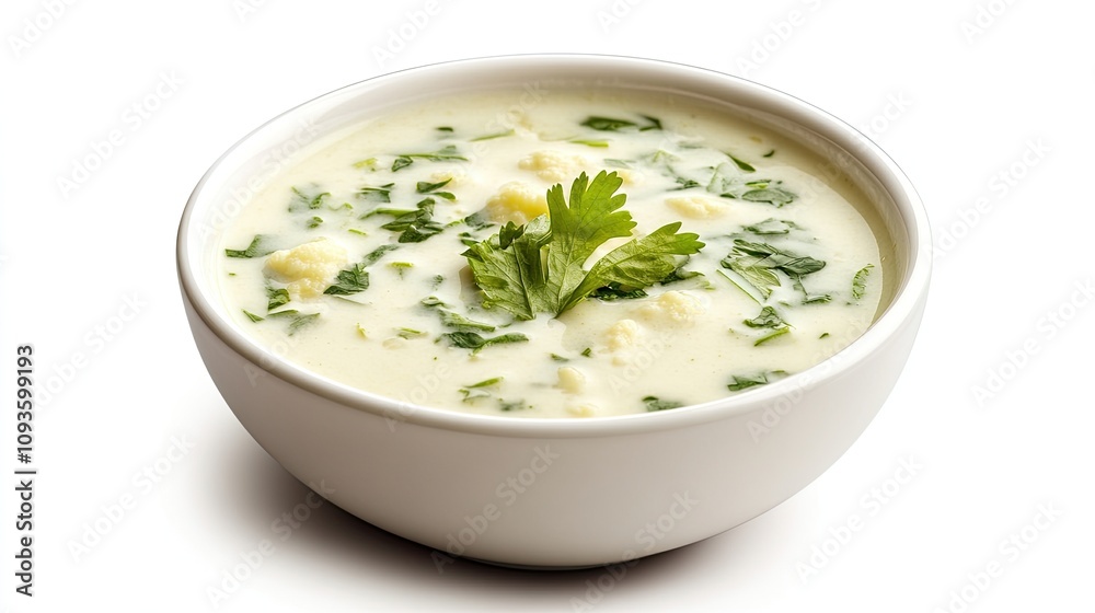 Creamy Cauliflower Soup in a White Bowl Garnish with Herbs Creamy Cauliflower Soup in a White Bowl Garnish with Herbs