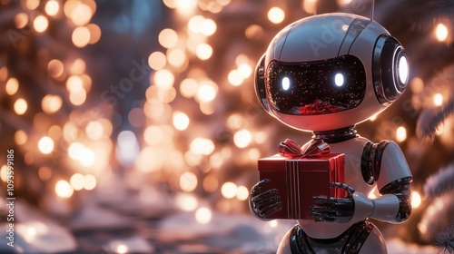 Futuristic Robot Holding Gift During Christmas Celebration, symbolizing technology and holiday cheer.