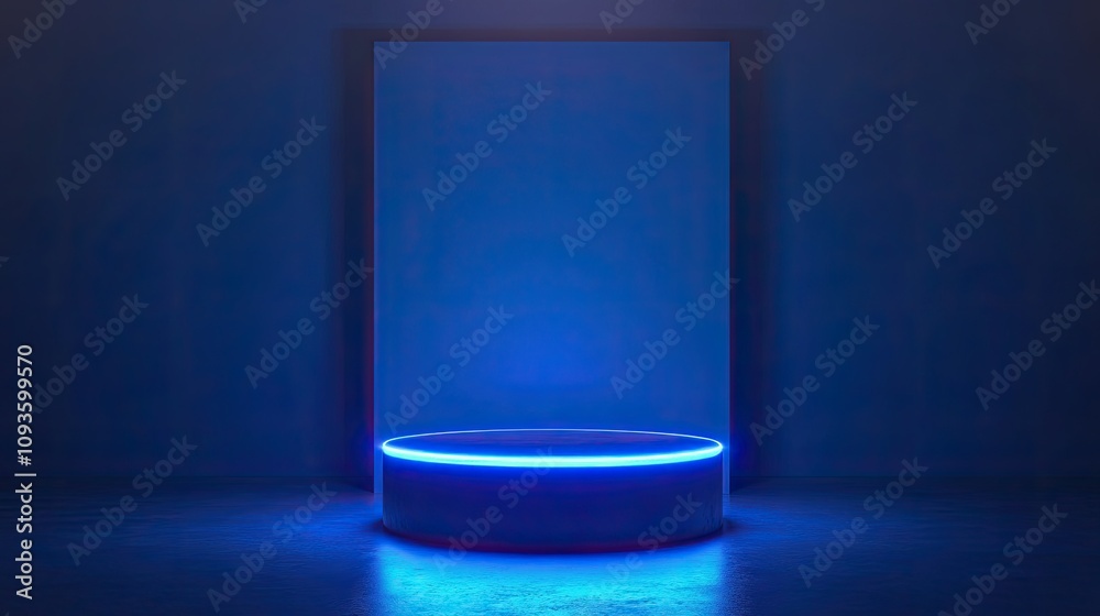 Blue neon lit cylindrical podium & backdrop. Blue neon lit cylindrical podium & backdrop.