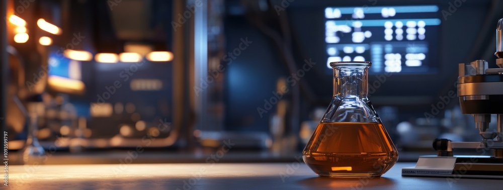 A laboratory scene featuring a flask with a brown liquid, suggesting scientific experimentation. A laboratory scene featuring a flask with a brown liquid, suggesting scientific experimentation.