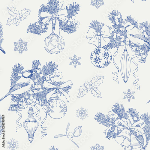 Christmas Vintage seamless pattern with birds fir branches toys bows bells mistletoe holly snowflakes ribbons. Blue beige Hand drawn vector background for design holidays package paper new year decor