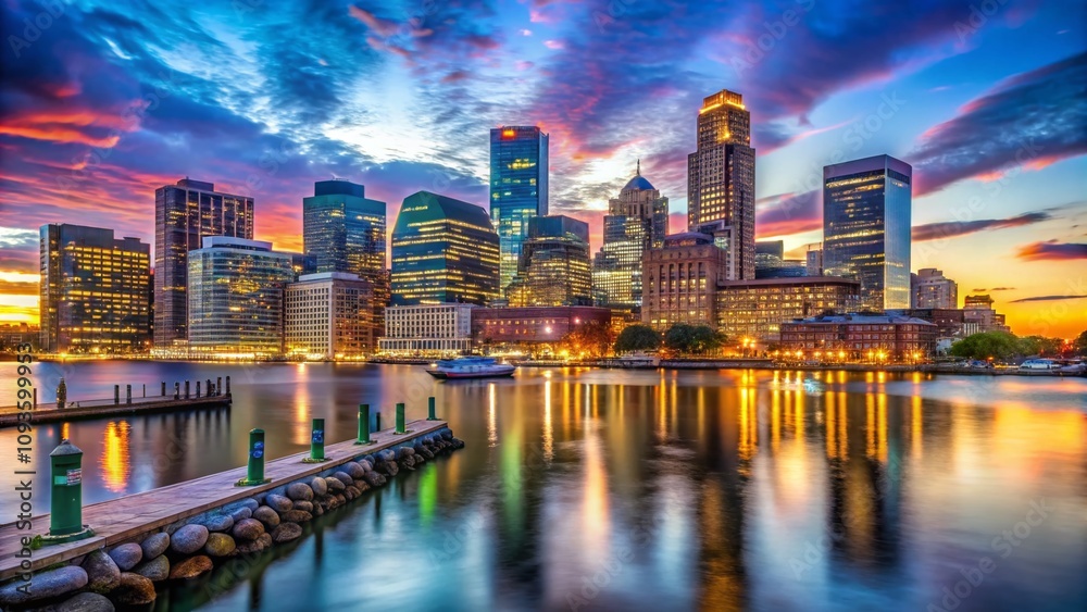 Fototapeta premium Stunning Boston Skyline at Dusk with a Beautiful Reflection on the Water, Perfect for Scenic Wall Art or Travel Publications with Ample Copy Space for Text Overlay