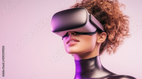 Woman Experiencing Virtual Reality with Futuristic VR Headset