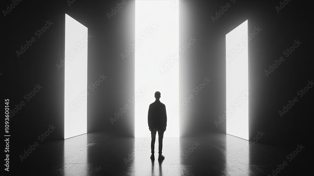 A lone figure stands before three bright doorways A lone figure stands before three bright doorways