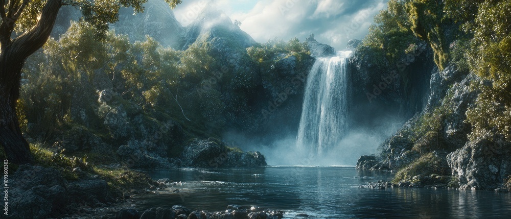 Serene waterfall cascading into a tranquil pool, nestled within a lush, green forest. Serene waterfall cascading into a tranquil pool, nestled within a lush, green forest.