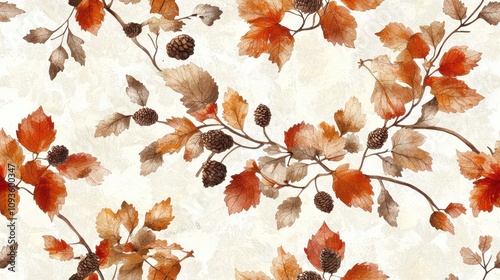 Watercolor pattern of autumn leaves and berries on a cream background.