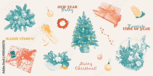 Festive New Year set with Christmas tree, ribbon bow, gift box with a halftone effect, stipple texture. New Year and Merry Christmas. Trendy grunge elements for gifts card, collages.