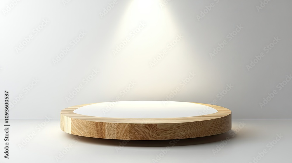 Spotlight on a round wooden platform, minimalist white background. Spotlight on a round wooden platform, minimalist white background.