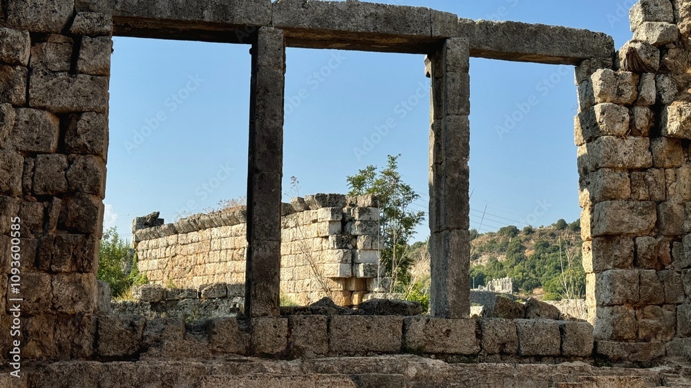 Landscape of columns and arches in the ancient city of Perge Ruins in Turkey