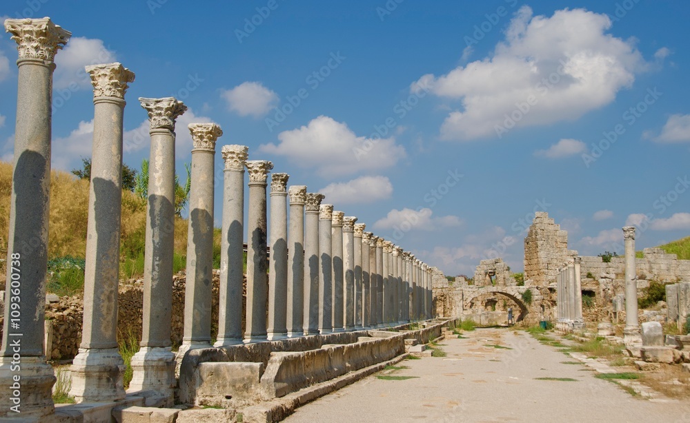 Landscape of columns and arches in the ancient city of Perge Ruins in Turkey