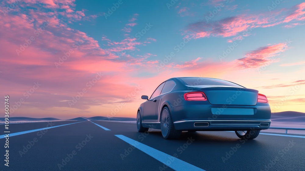 A sleek car on an open road at sunset, emphasizing freedom and adventure. A sleek car on an open road at sunset, emphasizing freedom and adventure.