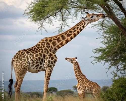 Giraffe and Cub Stretch Their Necks in a Serene Savannah Setting. Generative AI