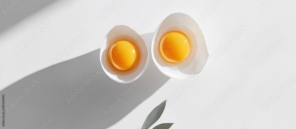 Two Egg Yolks in Cracked Eggshells on White Background Two Egg Yolks in Cracked Eggshells on White Background