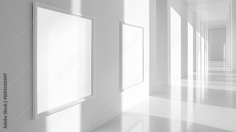 Empty white frames in a bright, minimalist gallery hallway. Empty white frames in a bright, minimalist gallery hallway.