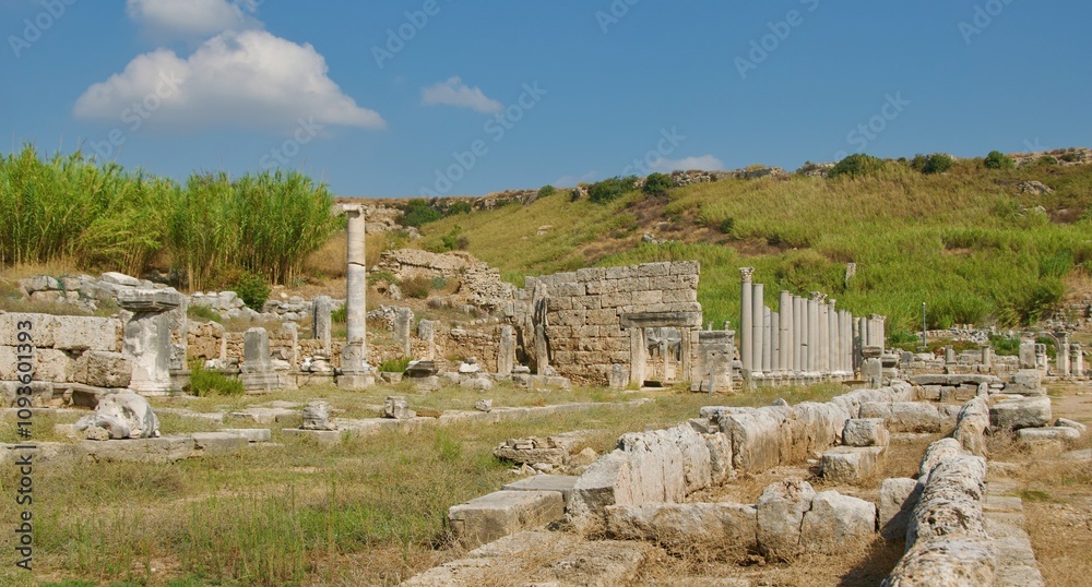 The main street with fountain in the ancient city of Perge Ruins in Turkey
