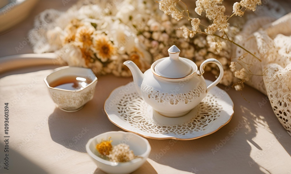 Top-View Tea Setup with a single cup and a small teapot Top-View Tea Setup with a single cup and a small teapot