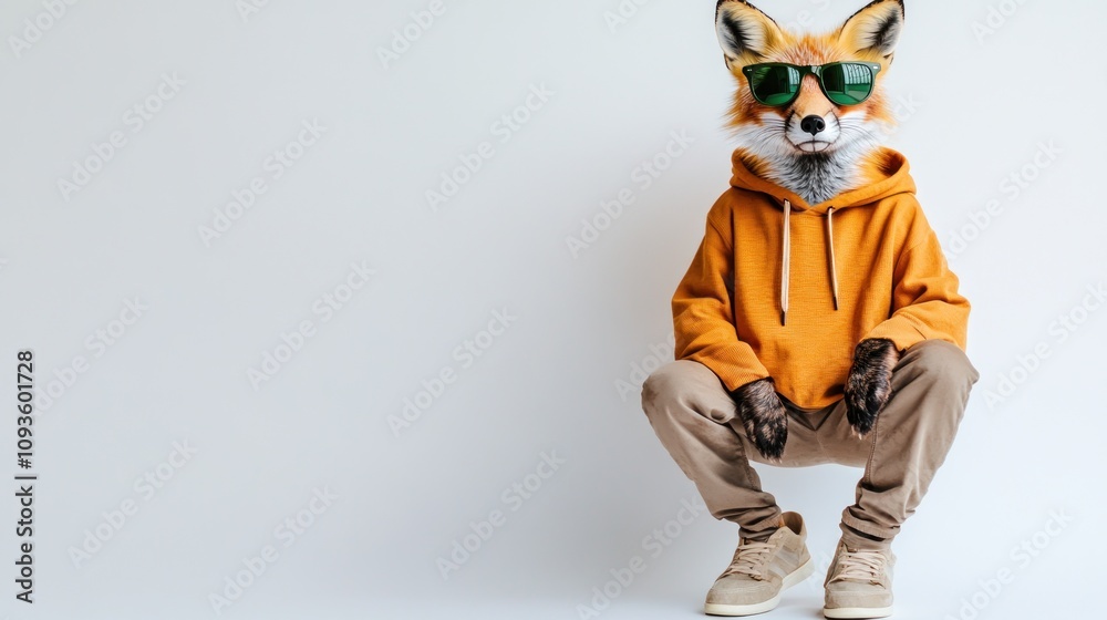 A person in a fox mask and sunglasses squats in casual attire against a plain background. A person in a fox mask and sunglasses squats in casual attire against a plain background.