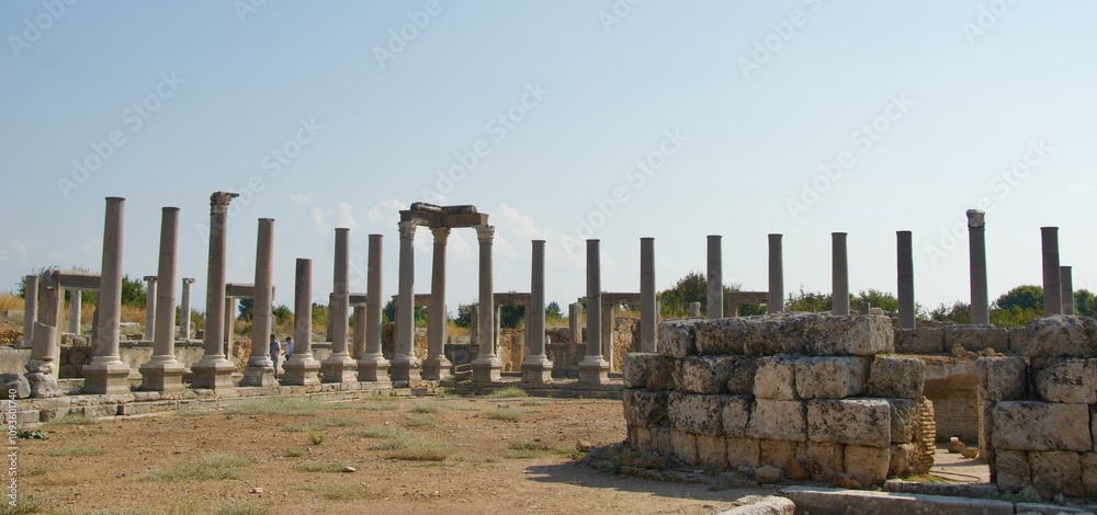 The agora with columns in the ancient city of Perge Ruins in Turkey