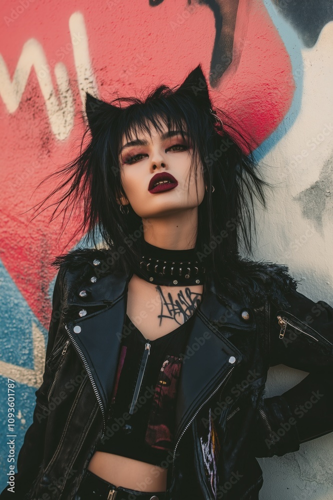 Stylish young woman poses against graffiti wall. Modern punk fashion with edgy makeup and wolf haircut. Leather jacket and bold accessories create edgy urban style. Editorial fashion portrait. Stylish young woman poses against graffiti wall. Modern punk fashion with edgy makeup and wolf haircut. Leather jacket and bold accessories create edgy urban style. Editorial fashion portrait.