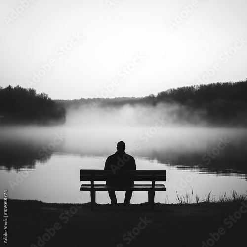 Silhouette of a solitary man sitting on a bench by a foggy lake reflecting loneliness