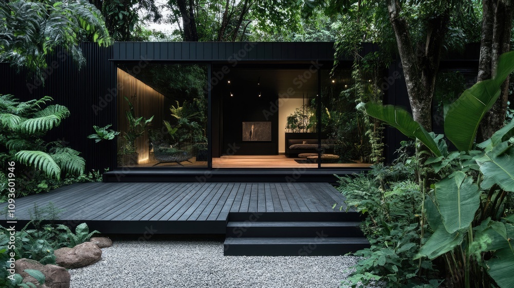 Modern black house with large windows, deck, and lush tropical garden. Modern black house with large windows, deck, and lush tropical garden.