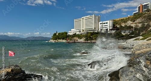 The landscape of Aegean Sea at the coast of Kusadasi in Turkey