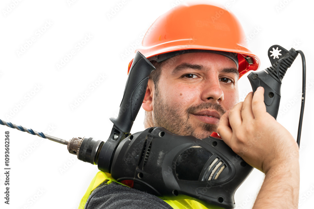 Close-up of builder with orange hardhat holding drill smiling Close-up of builder with orange hardhat holding drill smiling