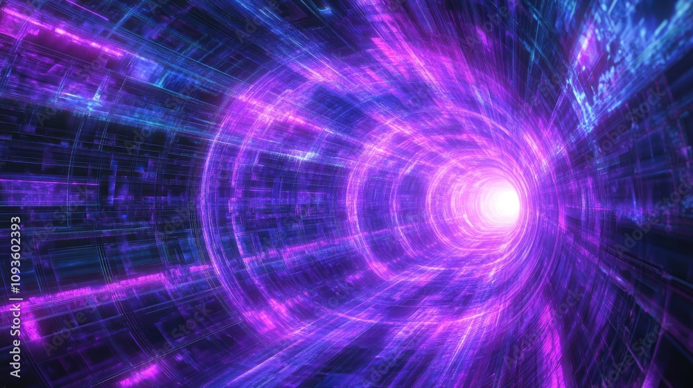 Abstract purple and blue digital tunnel with glowing light at the end. Abstract purple and blue digital tunnel with glowing light at the end.