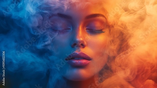 A dreamy portrait of a woman enveloped in ethereal blue and orange smoke, symbolizing imagination, mystery, and the enchanting allure of artistic expression.