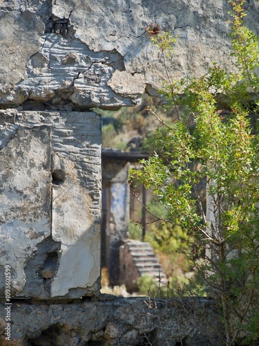 The abandoned houses remain in the ghost town of Kayakoy in Turkey