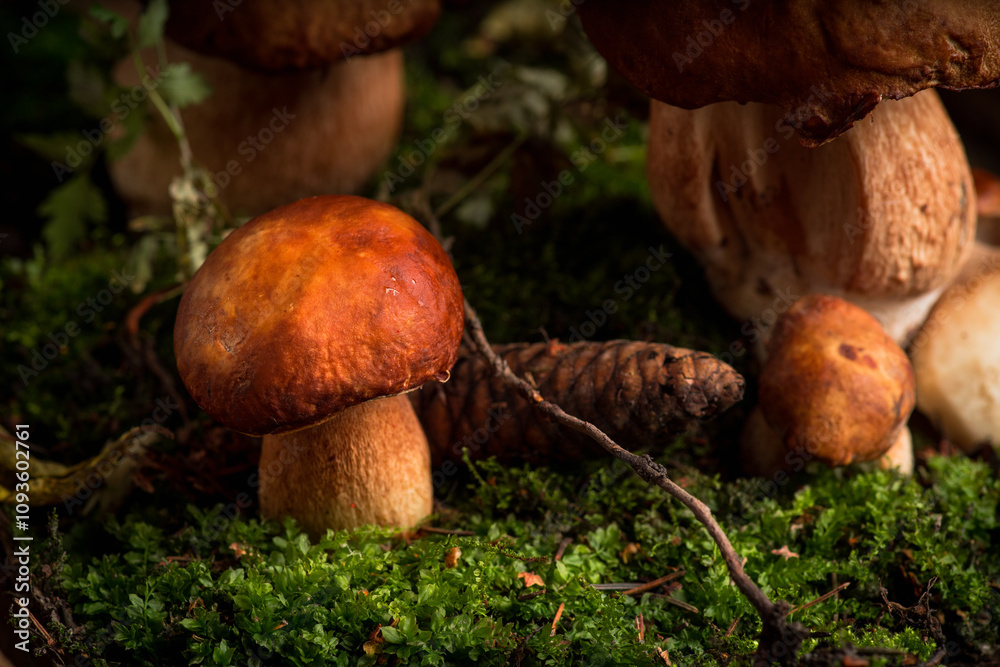 Wild white mushrooms (Boletus edulis) in the forest. Selective focus. Shallow depth of field. Wild white mushrooms (Boletus edulis) in the forest. Selective focus. Shallow depth of field.