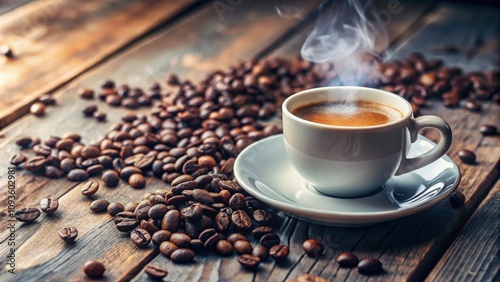 Steaming Espresso Cup Sits on Rustic Wooden Table Surrounded by Coffee Beans. Generative AI