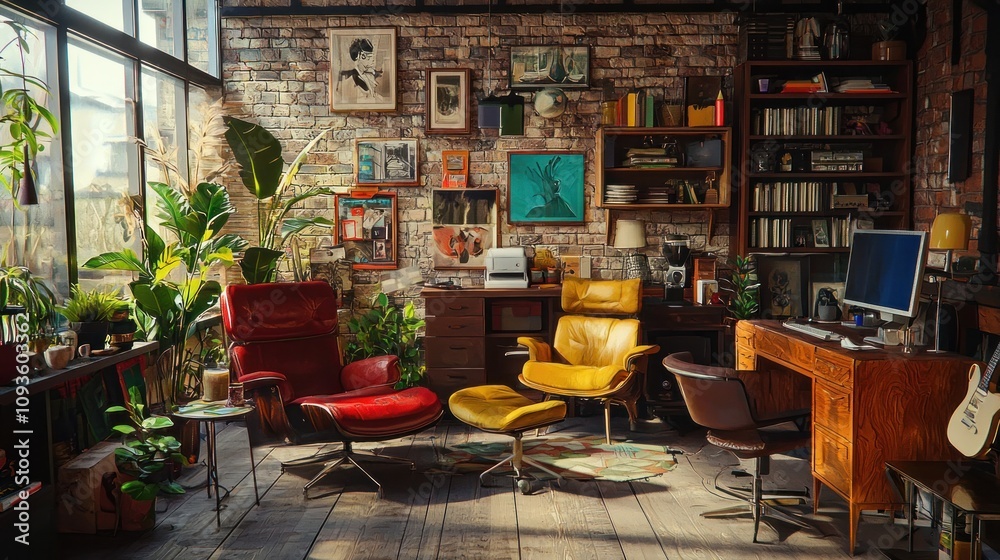 Naklejka premium Cozy and stylish home office with large windows, brick wall, plants, and comfortable furniture.