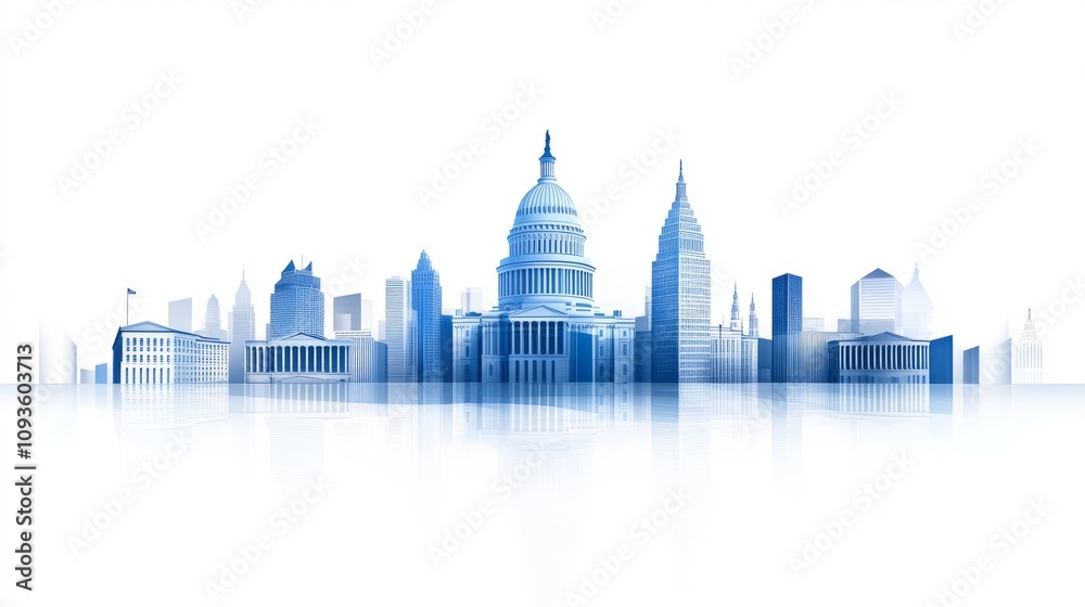 Obraz premium Minimalist blue and white city skyline illustration with modern architecture on a clean background.