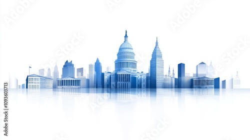 Minimalist blue and white city skyline illustration with modern architecture on a clean background. photo