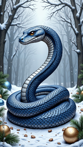 Snake a symbol of the year: Blue snake coiled in a snow-covered forest with festive golden ornaments hanging from pine branches, creating a serene winter scene filled with holiday magic and a touch of