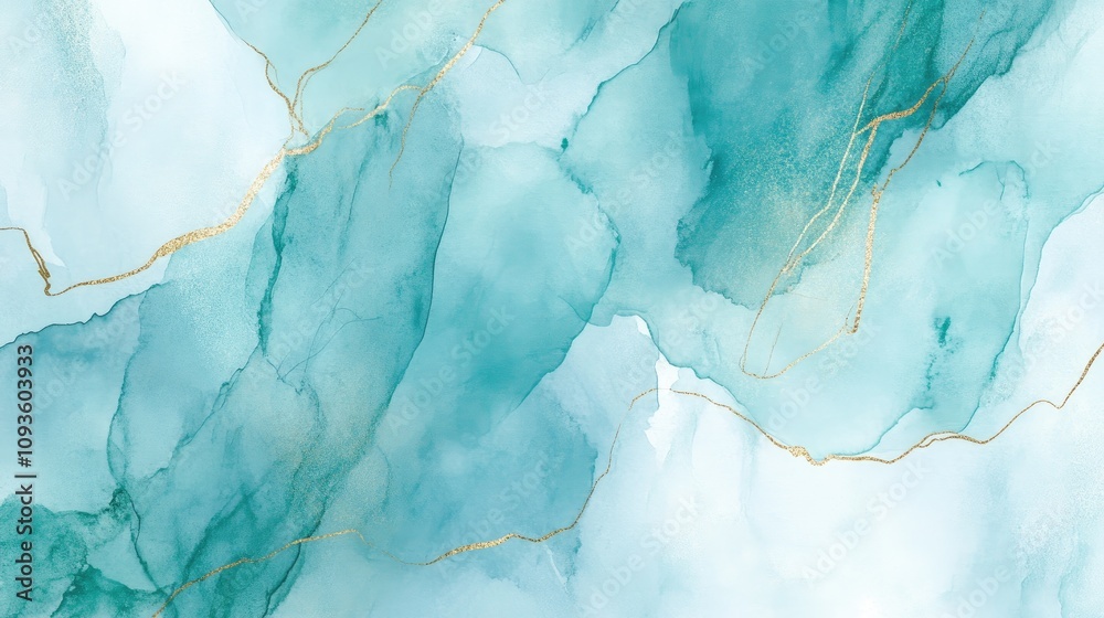 Fototapeta premium Teal and gold abstract watercolor background.