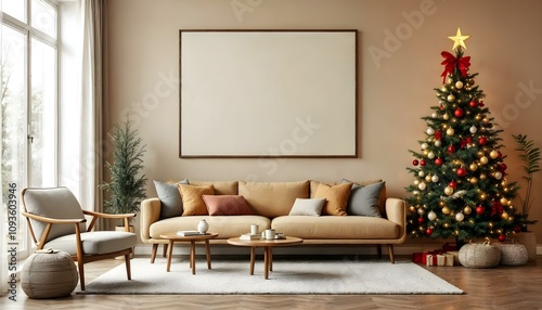 Interior wall in a modern home with blank frame canvas or space for graphic design mockup wall art hanging decorated for Christmas with tree and lights