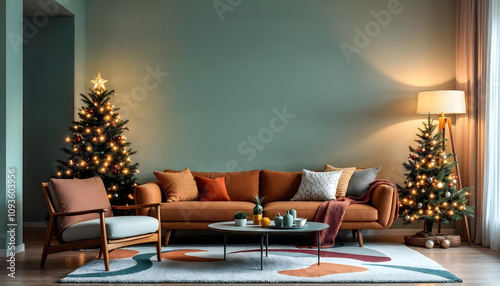 Interior wall in a modern home with blank frame canvas or space for graphic design mockup wall art hanging decorated for Christmas with tree and lights