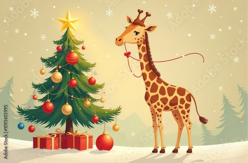 Giraffe standing near the Christmas tree. Vintage postcard.