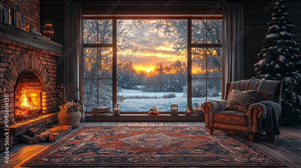 Fototapeta premium Cozy Indoor Scene with Fireplace and Winter Landscape