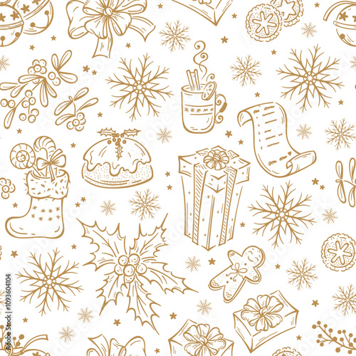 Vector Seamless Pattern of Hand Drawn Outline Christmas and New Year Elements. Christmas Decorations, Gifts, Treats. Winter Golden White Background.