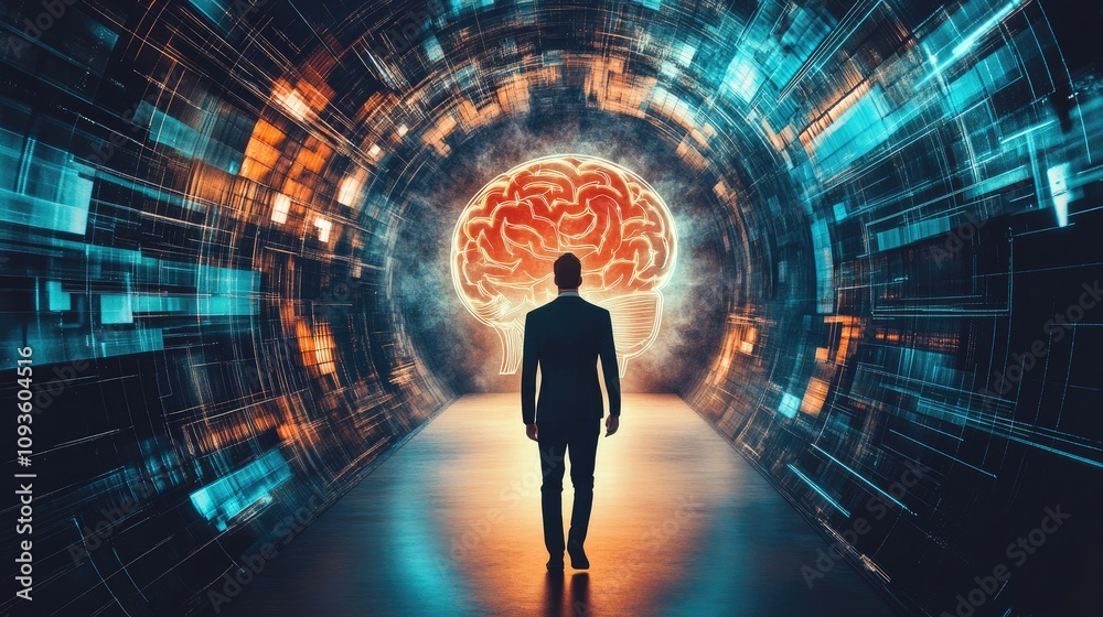 Man walks toward a glowing brain in a futuristic tunnel. Man walks toward a glowing brain in a futuristic tunnel.