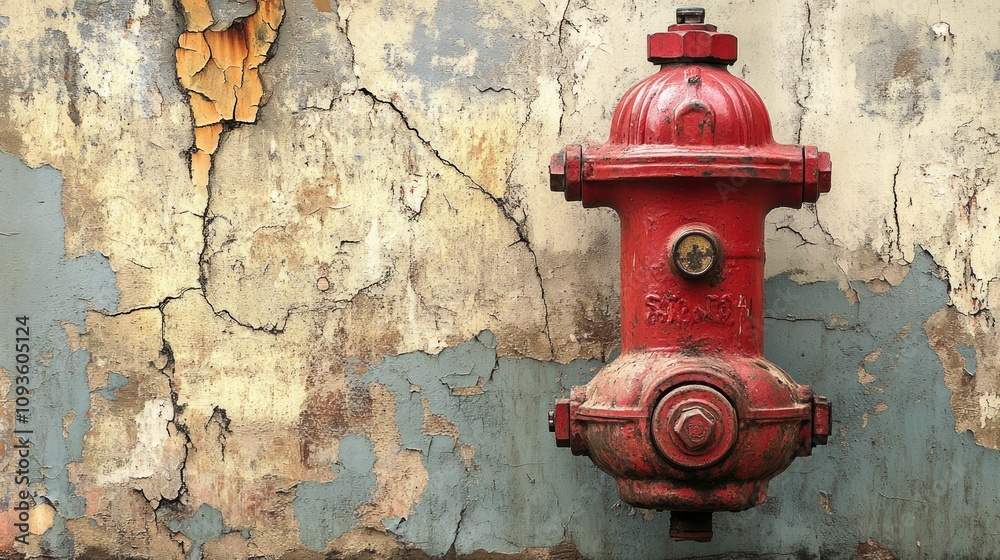 A red fire hydrant mounted on a weathered wall. A red fire hydrant mounted on a weathered wall.