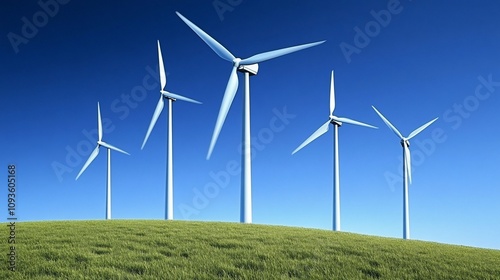 Wind turbines on a green hill under a blue sky.