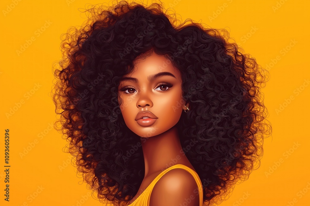 © miss irine - Young black woman with curly hair. Studio portrait. Fashion model posing for hair product ad. Natural afro hair style. Yellow background. Elegant, sensuality. Trendy, beautiful woman. Stylish hairdo.