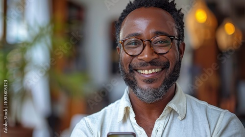 Joyful man smiling while using smartphone in a cozy cafe during a sunny afternoon. Generative AI