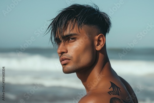 Man with cool haircut stands on beach. Stylish man wears beachwear. Ocean waves background. Summer fashion photo. Stylish portrait. Hot sunny day. Trendy fashion. Modern look. photo